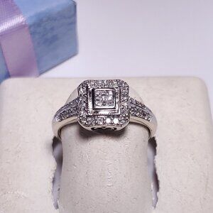 Estate .33ctw Natural Princess & Rd Diamond Halo 14Kt W/G Engagement Ring #24031